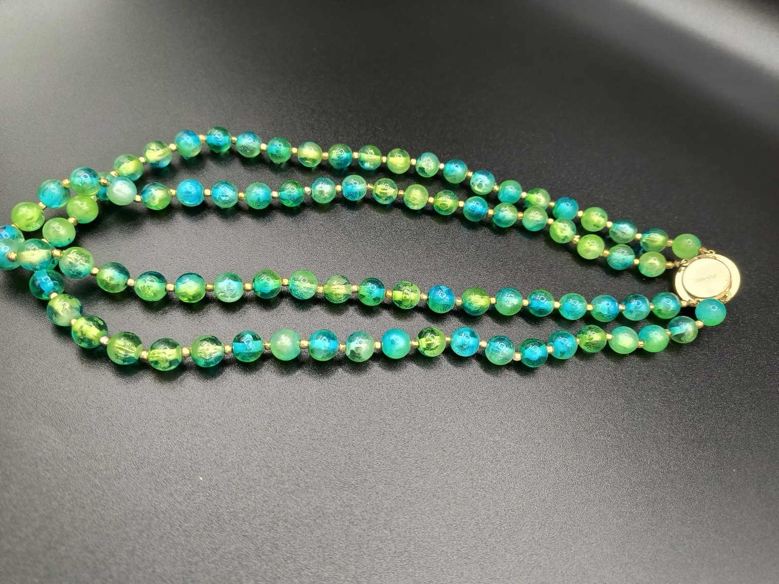 Vtg Hong Kong Translucent Green Teal Ombre Double Strand Bead Strand Necklace