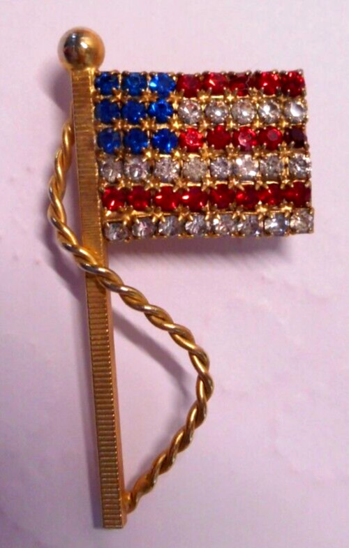 AMERICAN FLAG Pin Brooch Red White Blue Rhinestones Patriotic USA Jewelry