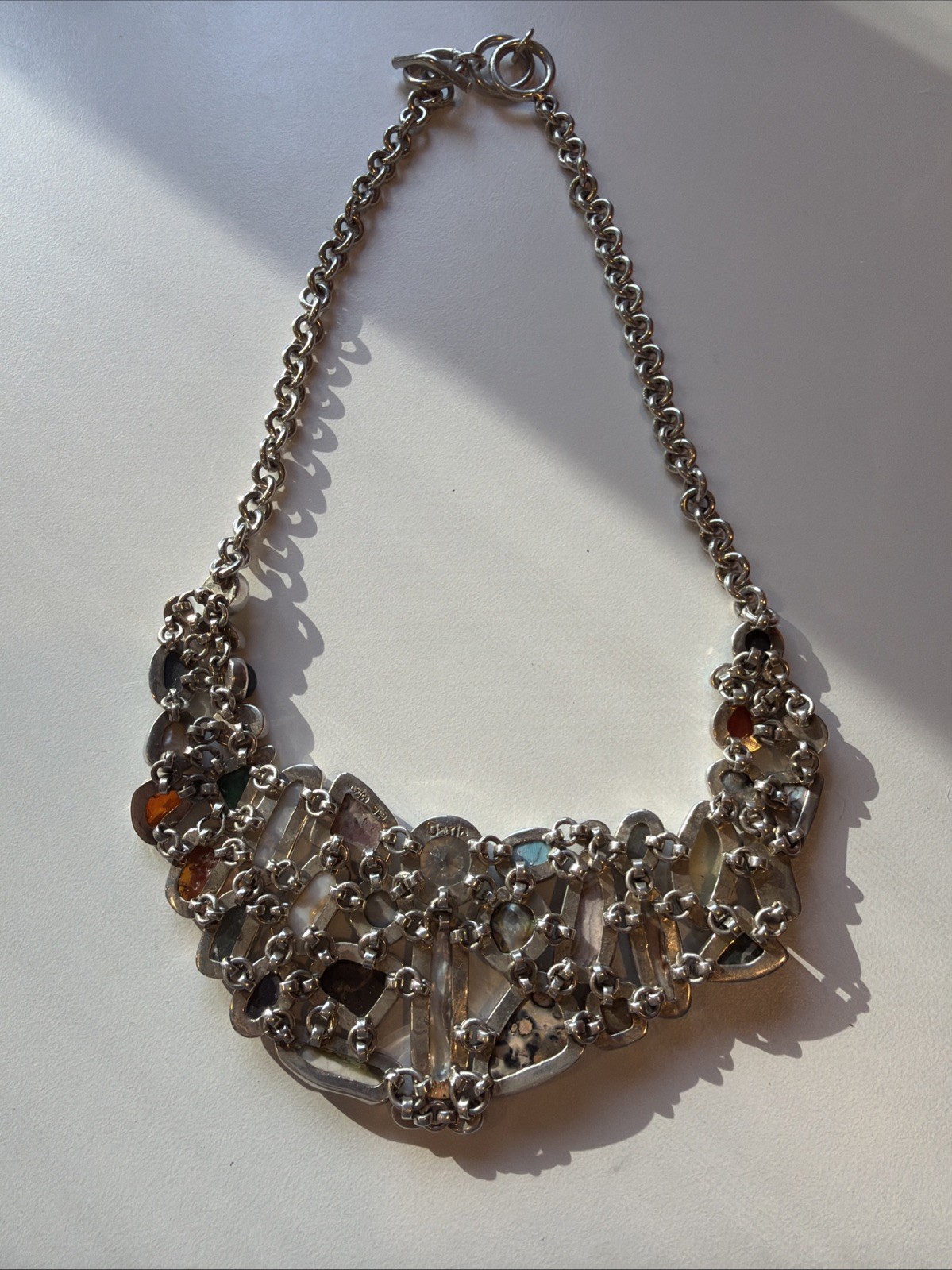 Mexico 950 Silver Multi Stone Necklace Daria Signed Statement Bib