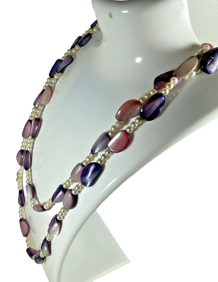 Vintage Pastel Beaded Necklace Faux Pearl Lavender Purple 19.5″ Acrylic Beads