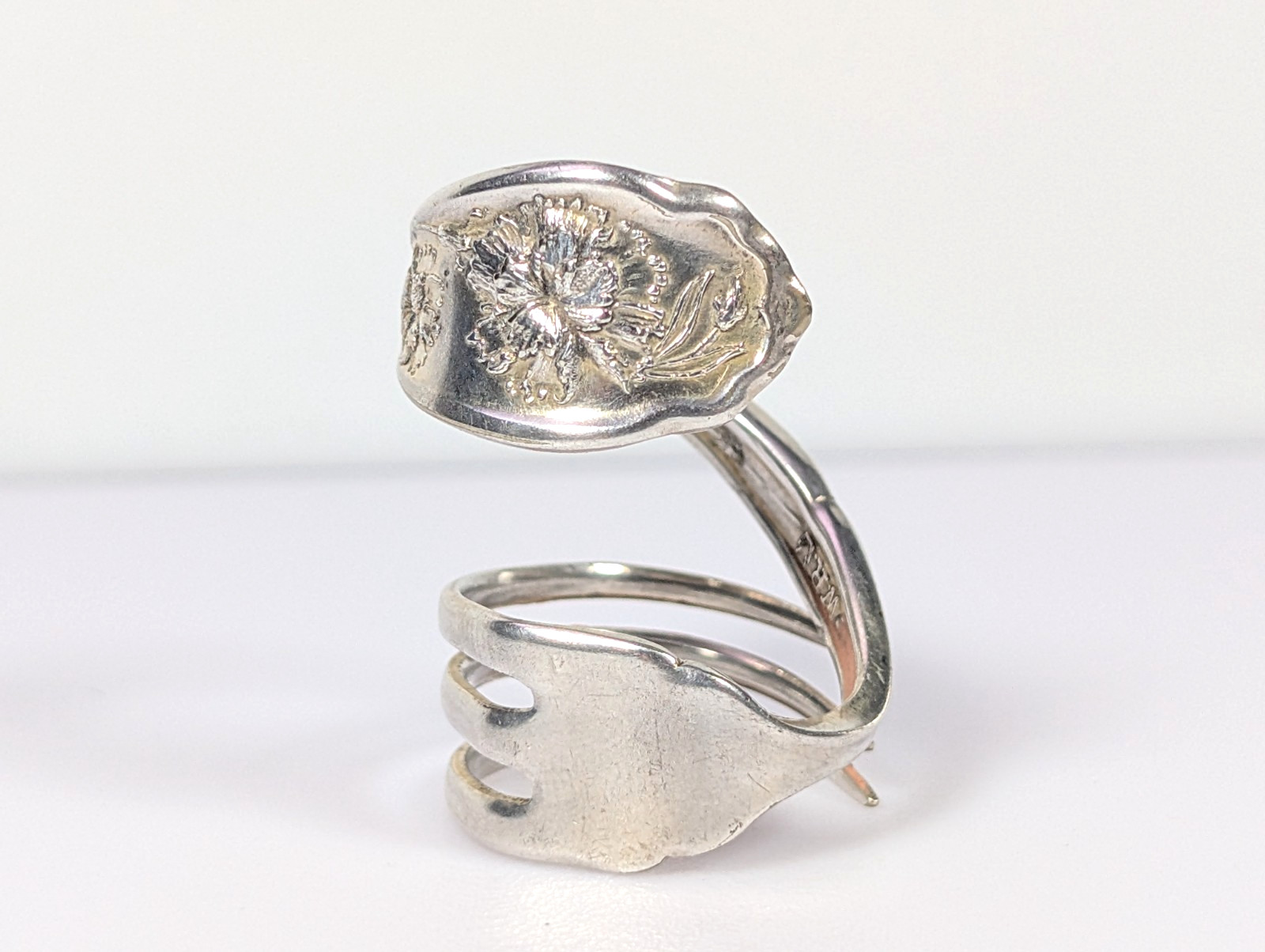 Vtg Silver-Plated William Rogers Oneida Fork Ring Floral Full Bypass Wrap Ring