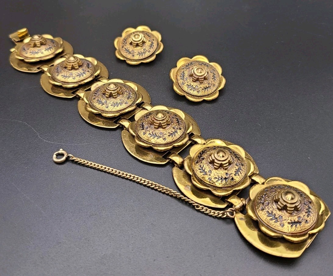 Vintage / Antique Etruscan Revival Bracelet Earrings Set Gold Tone Enamel
