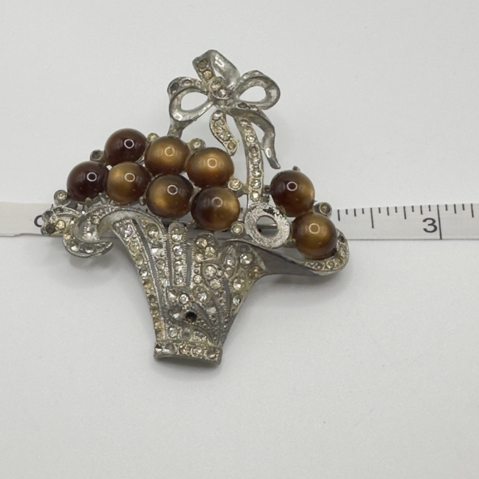 Vintage Pot Metal Brooch Moonglow & Rhinestone Flower Basket 2.5″ x 2.25″ READ