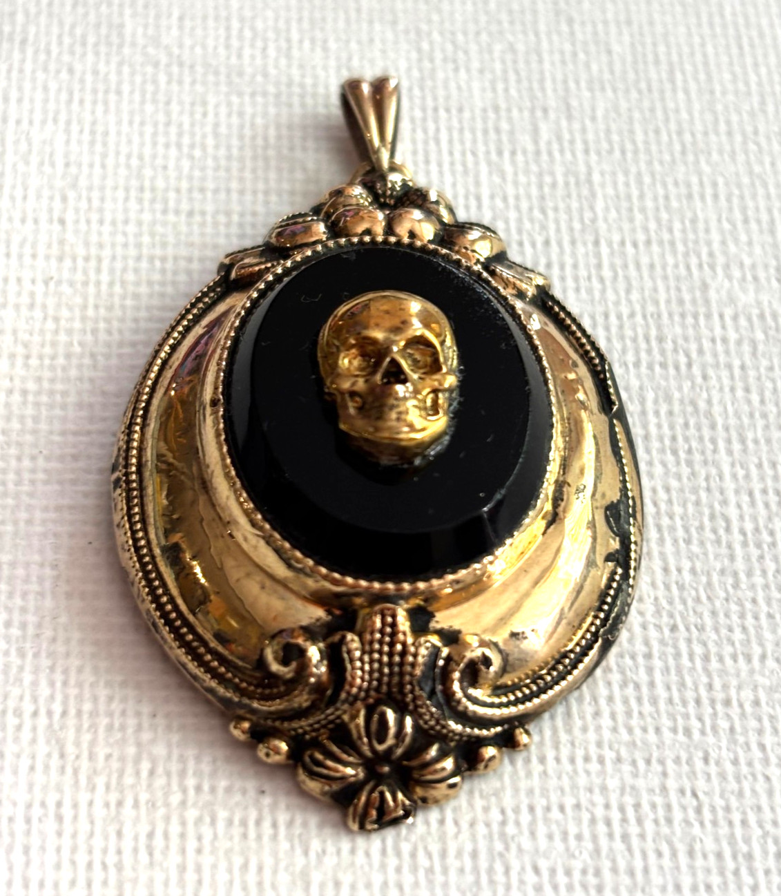 Antique Edwardian Memento Mori Brass Gold Plated Skull Black Stone Pendant