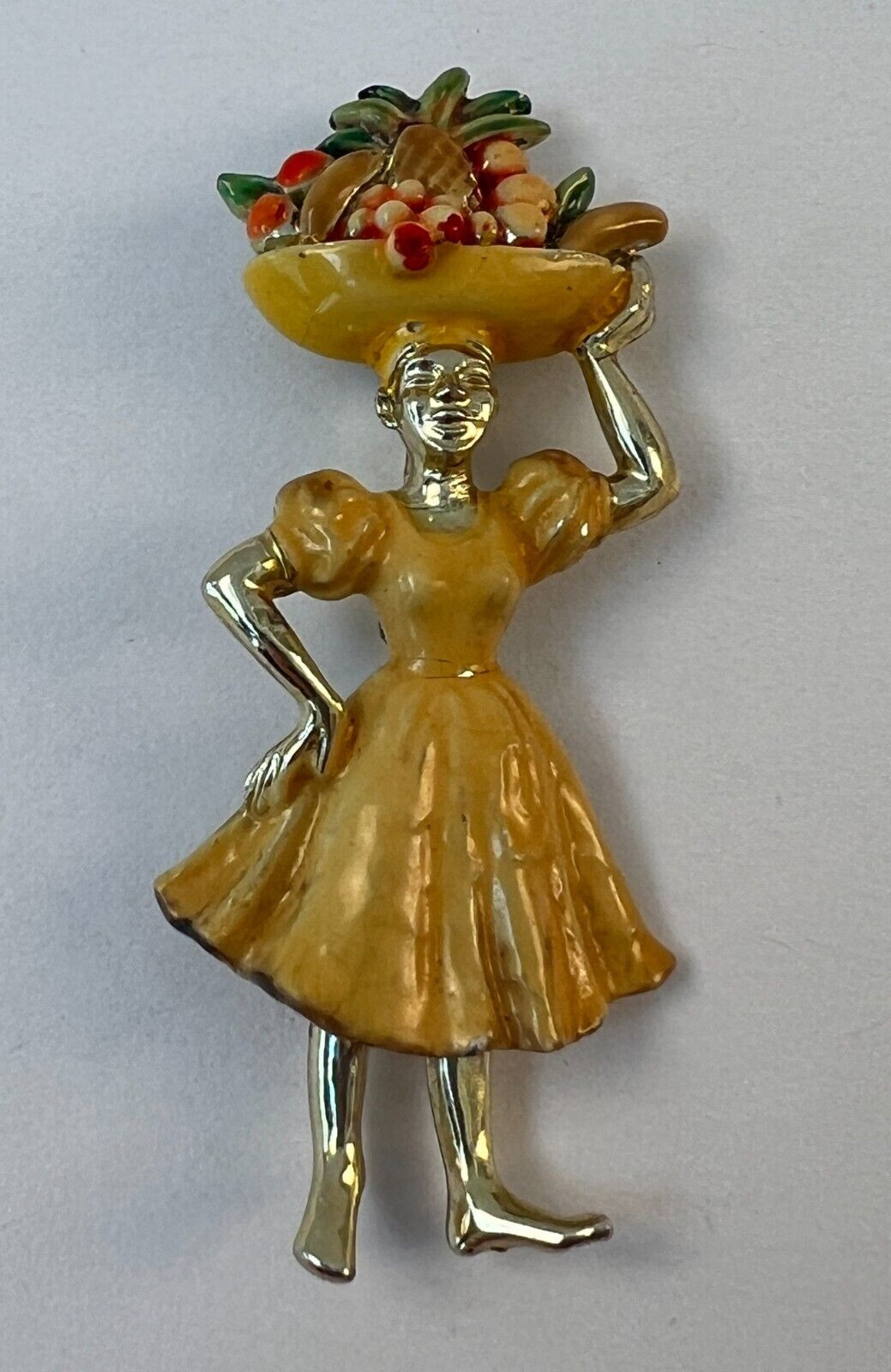 Vintage Brooch Lady Fruit Basket on Head Fruit Seller Enamel Gold Toned 1940s