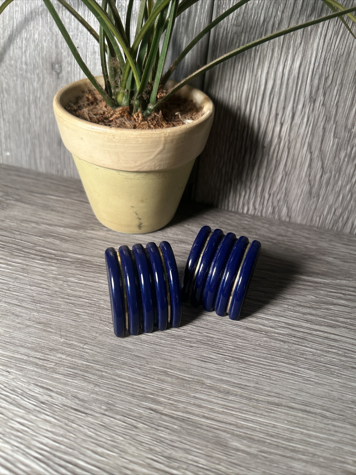 Clip on Earring Navy Blue with Gold Inlay Stripes Enamel. Any occasion.