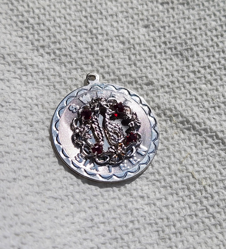 LARGE SWEET 16 SIXTEEN BIRTHDAY SPENCER STERLING ROUND CHARM – RED RHINESTONES