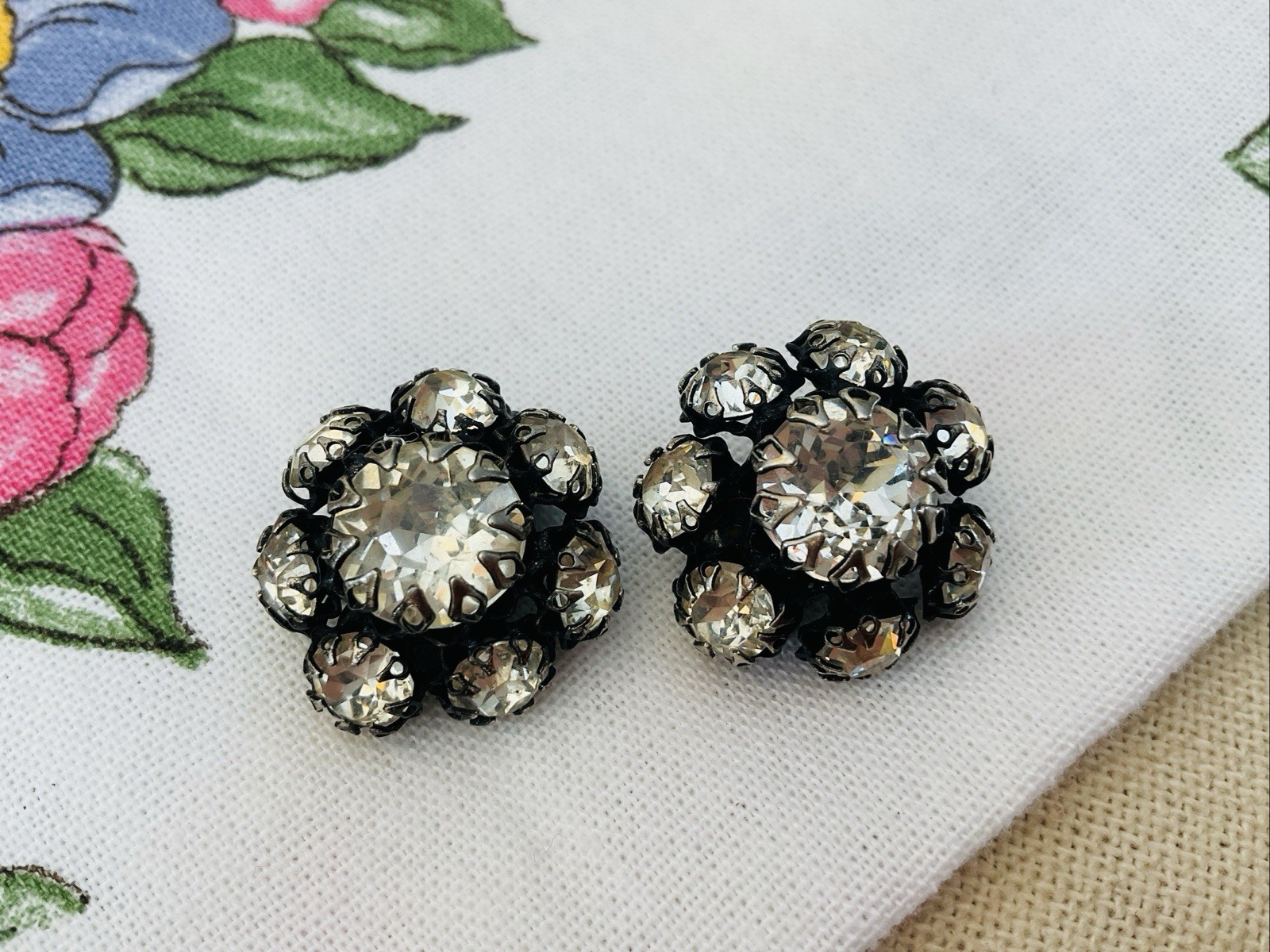 Designer Kramer New York Clear Glamor Rhinestone Japanned Earrings-Signed 1”