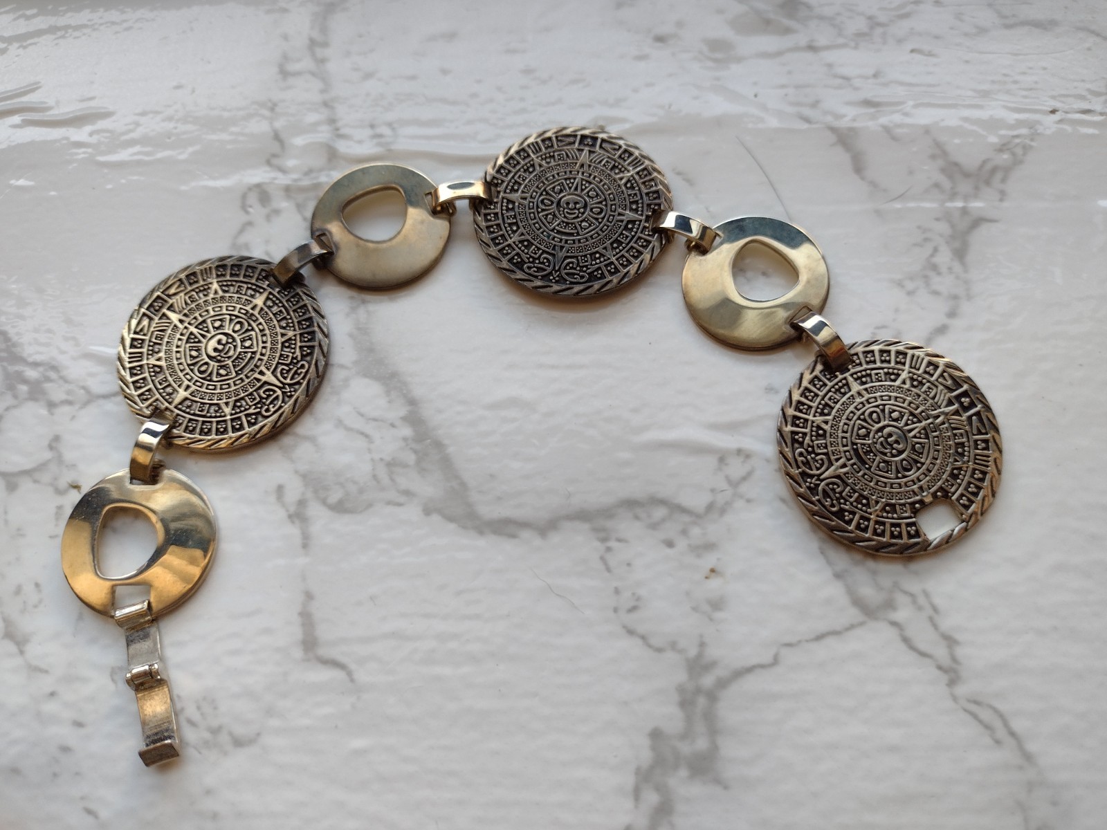 Vintage Sterling Silver 925 Aztec Mayan Calendar Link Bracelet 7.5 inch.