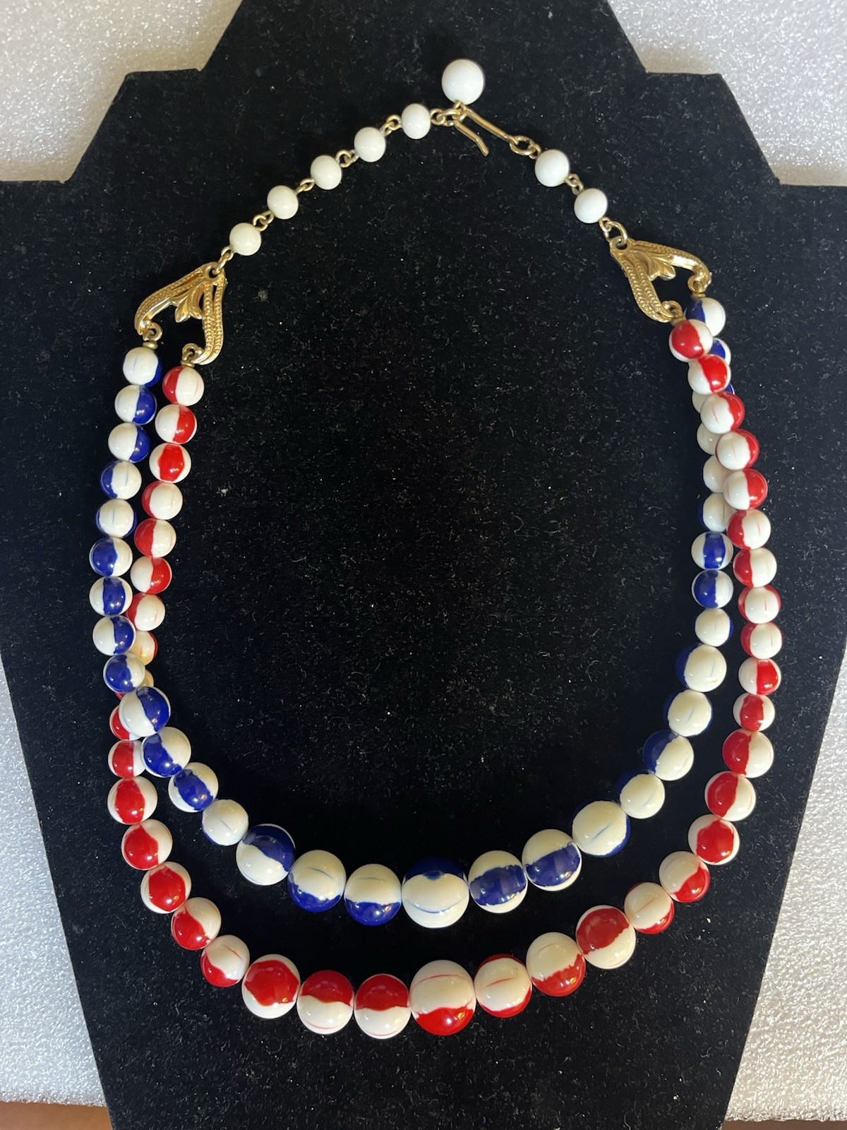 RARE Vntg Signed FLORENZA Red White & Blue Patriotic Enamel DBL Strand Necklace