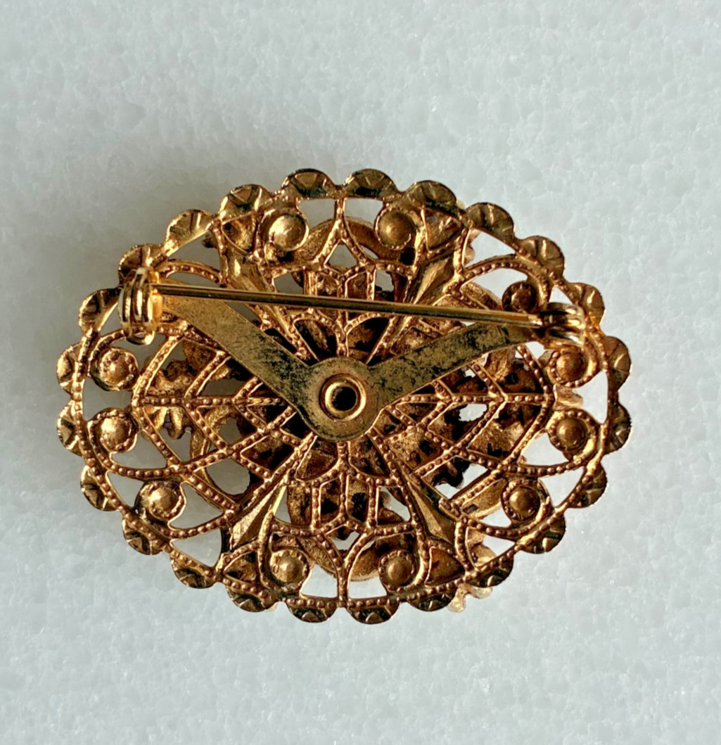Vintage Filigree Brooch Purple Rhinestone Turquoise Faux Pearl 1 5/8″ Oval Pin