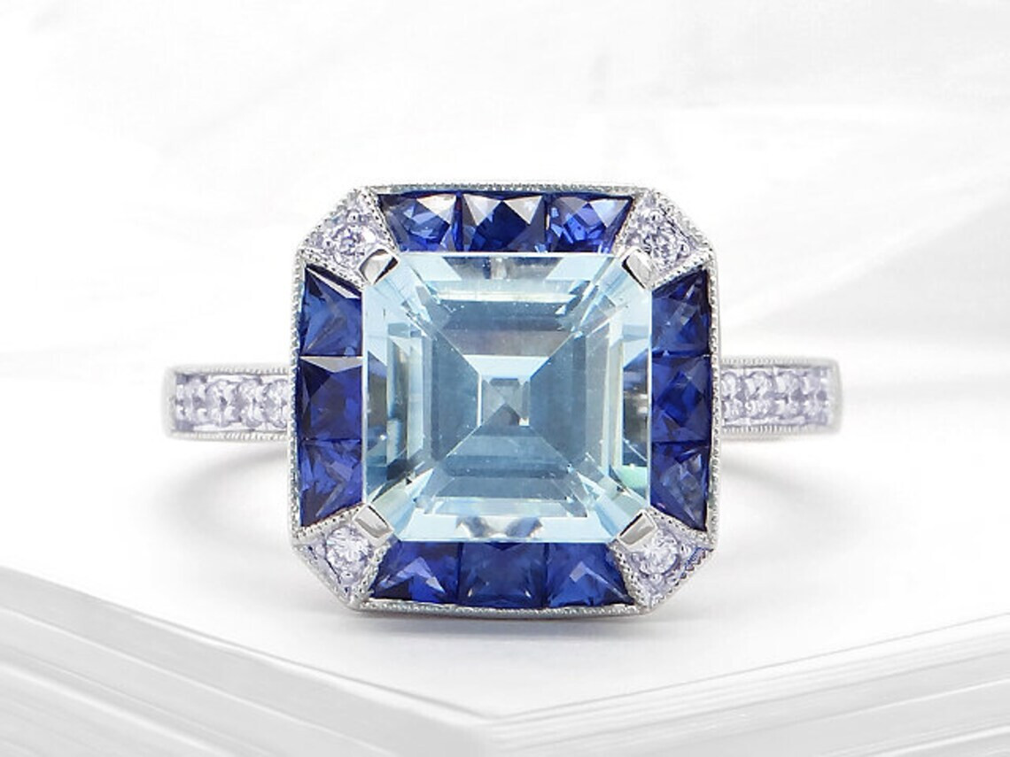 3Ctw Fancy Light Blue Asscher Cut Retro Style Engagement Wedding Ring 925 Silver