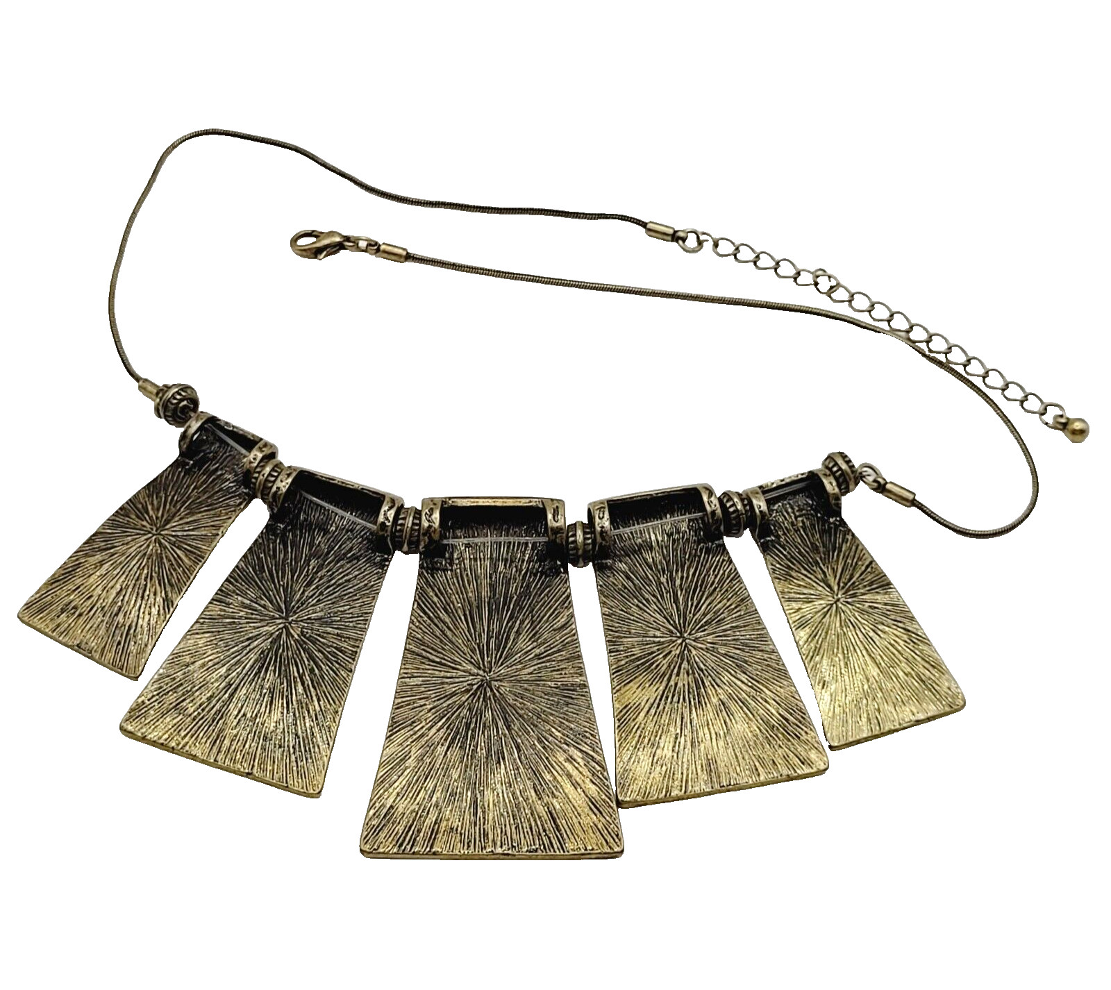 Exotic Hammered Style 5 Metal Plate Bib Necklace Brutalist Cleopatra Look 21 In