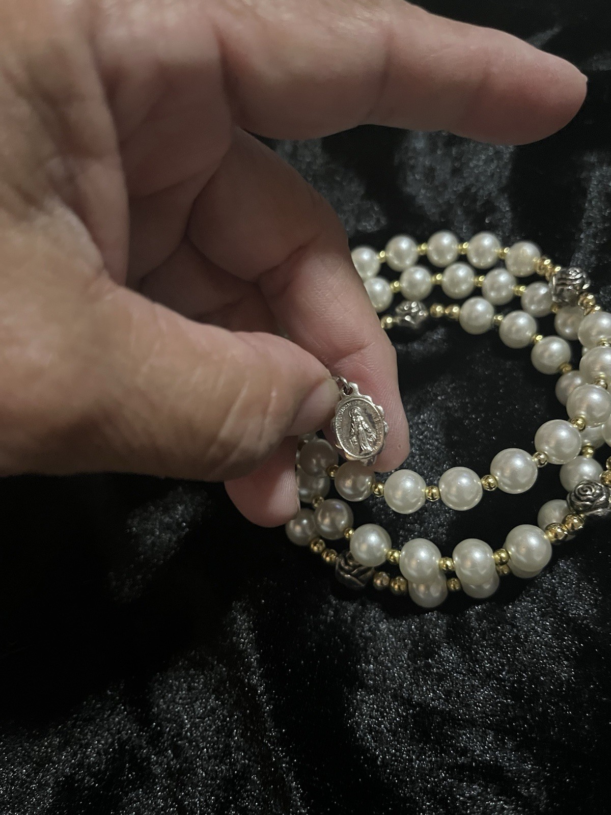 Vintage Faux Pearl Sterling Silver Coil Rosary Bracelet