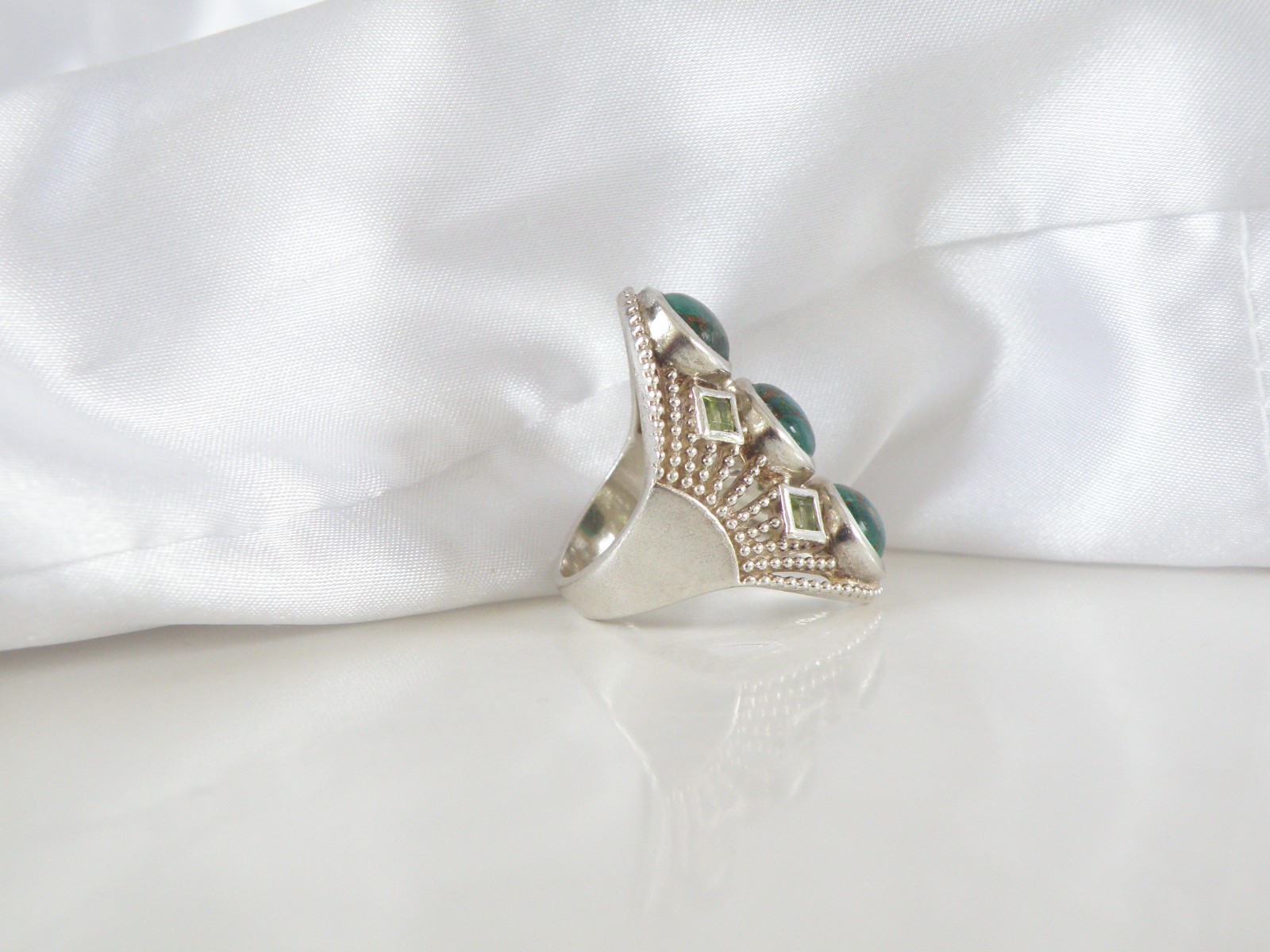 Sterling Silver 925 Large Chrysocola and Peridot Multi Stone Statement Ring 7