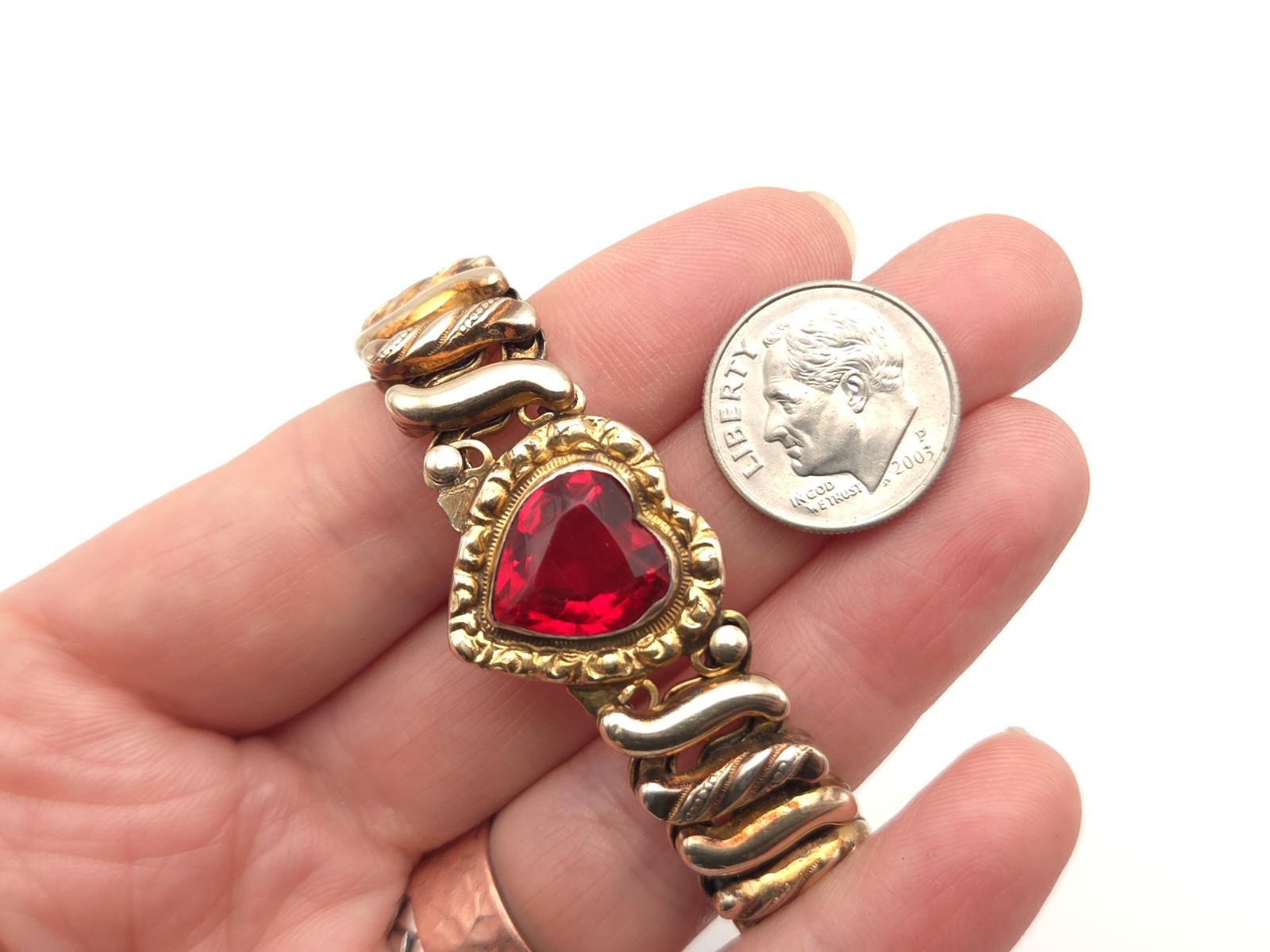 Vintage DFB Carmen Deluxe Gold Filled Sweetheart Red Glass Expansion Bracelet