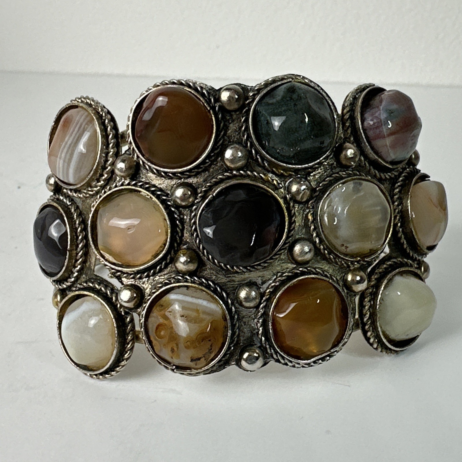 Vintage Multi Stone Agate Cuff Bracelet Silver Tone Cluster Boho Artisan