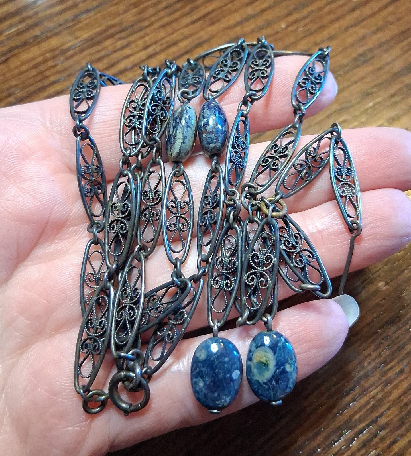 Antique Victorian 800 Silver Filigree Chain 31-32″ Missing Bead See Pics/Descrip