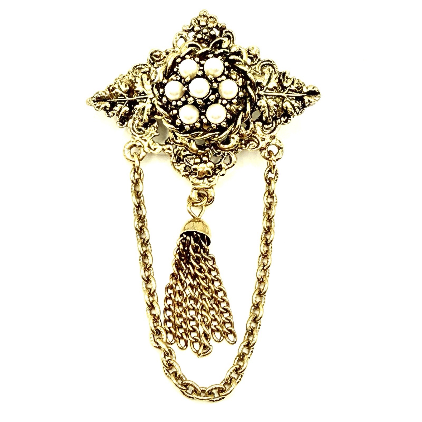 Vtg Goldtone Brooch Pin Victorian Style Faux Pearl Dangling Charm Chain Q