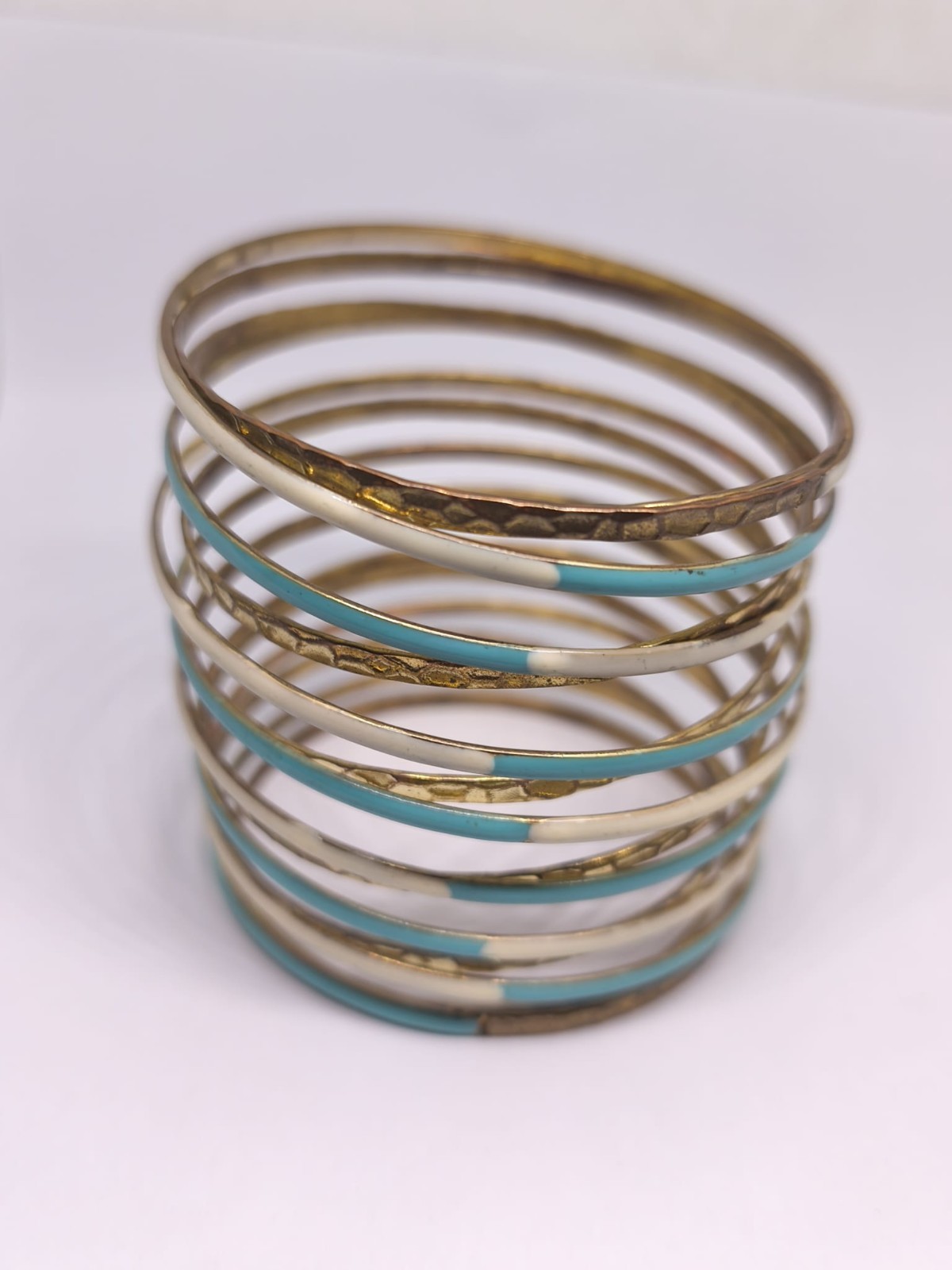 Vintage Copper Brass Bangle Bracelet Set Turquoise White Enamel Stackable Boho