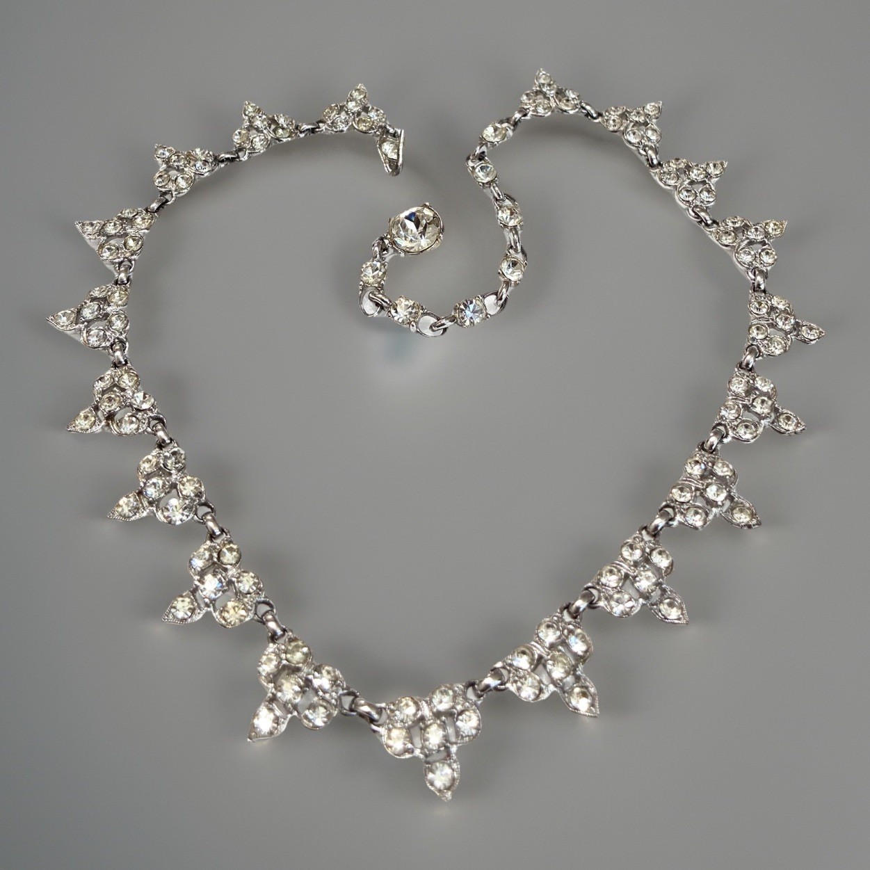 1940s Rhodium Plated necklace 16” Signed Albion Clear Rhinestone Deco “rare”