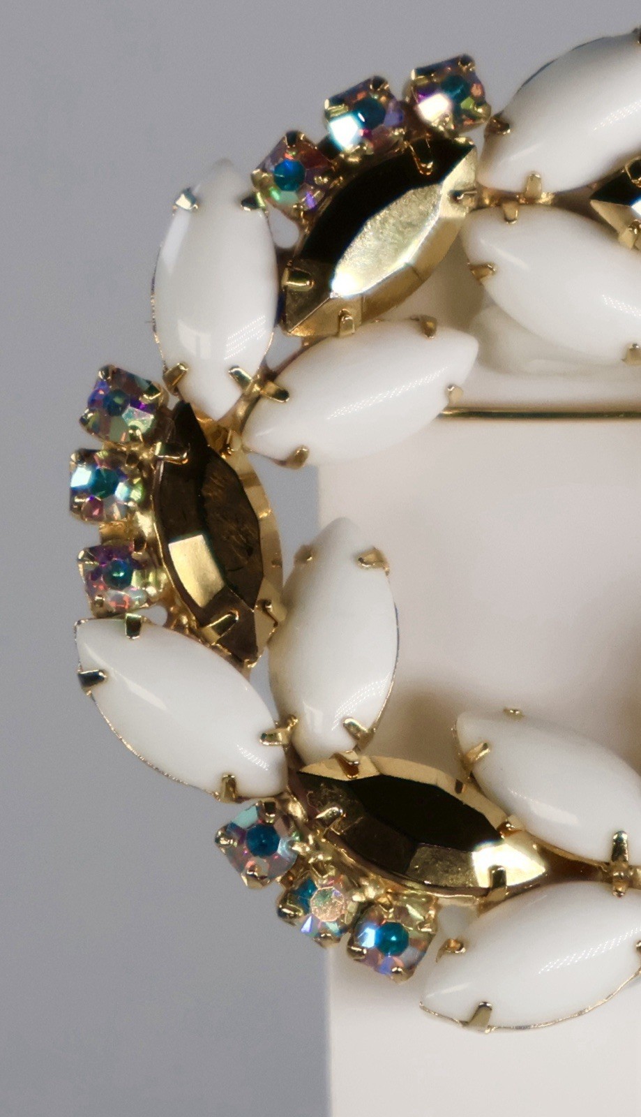 Vintage Rhinestone Wreath Brooch Milk Glass AB Stones Gold Navettes Gold Tone
