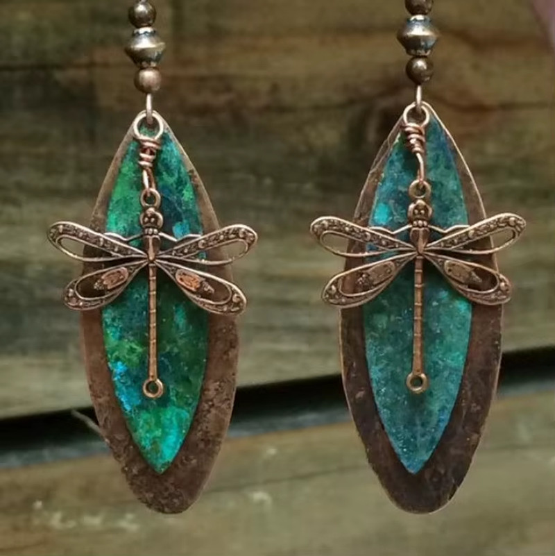 Vintage Dragonfly Earrings Boho Green Stone Dangle Antique Copper Carved Jewelry