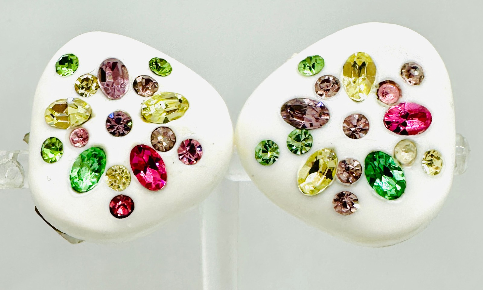 Unusual Vintage Faux Thermoset Multicolor Rhinestone Early Plastic Earrings