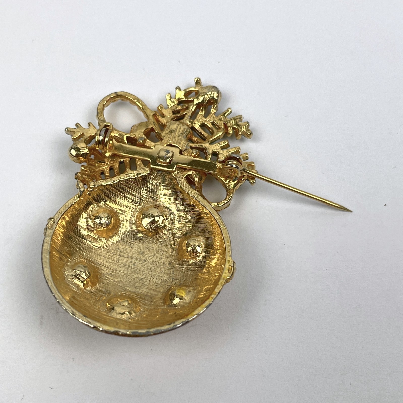 VTG Christmas Ornament Bulb Brooch Gold Tone Rhinestone Holly Holiday Pin