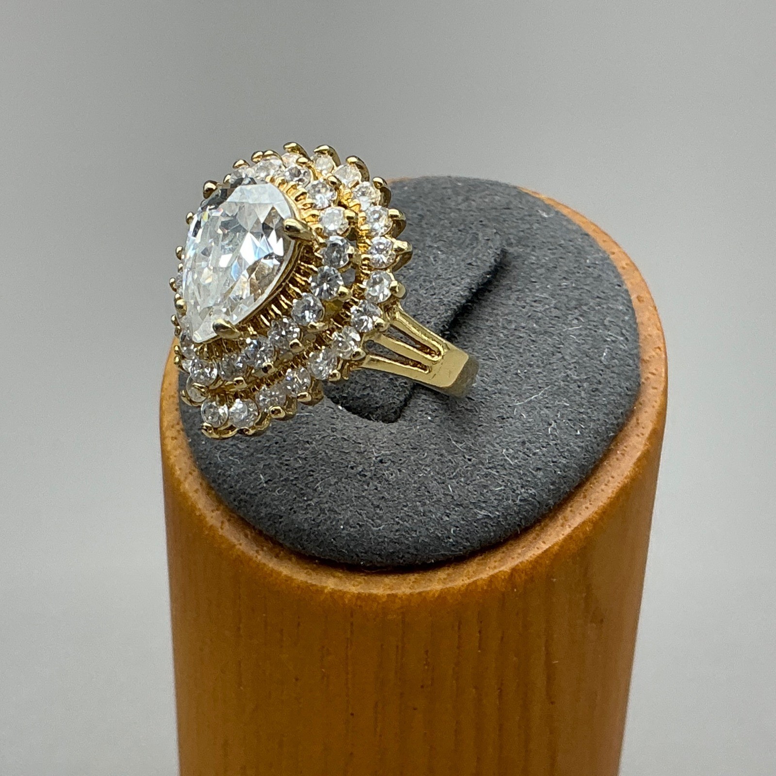 Vintage Lind Ring Womens Gold Plated Pear Cut CZ Triple Halo 14K HGE Size 7.5