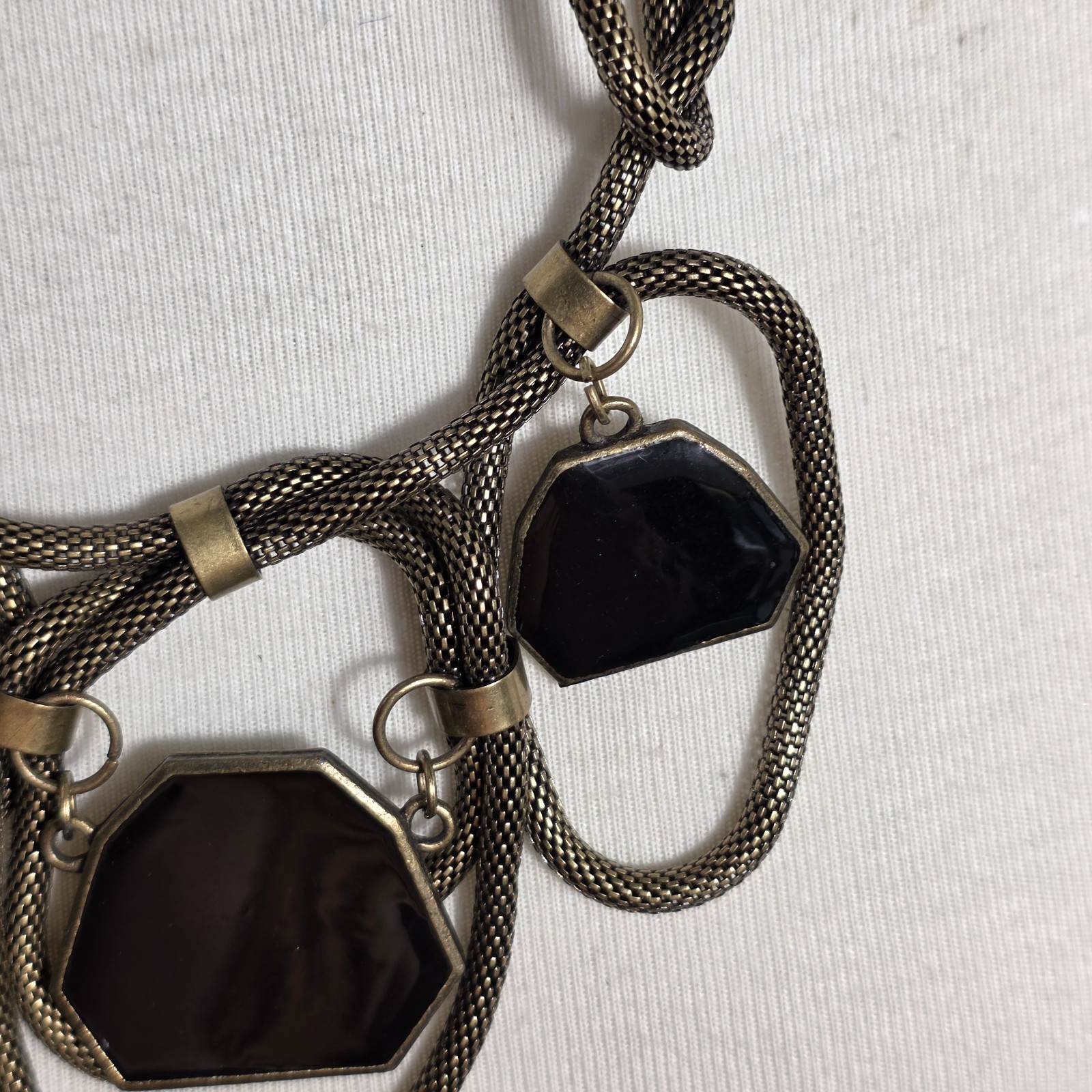 Brass-Tone Statement Necklace Thick Mesh Chain Geometric Rein Black Pendants