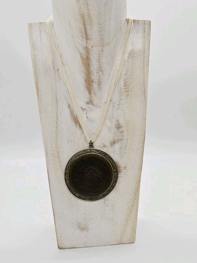 Carved Phoenix Medallion Pendant Necklace Ribbon Statement Vintage 18 in