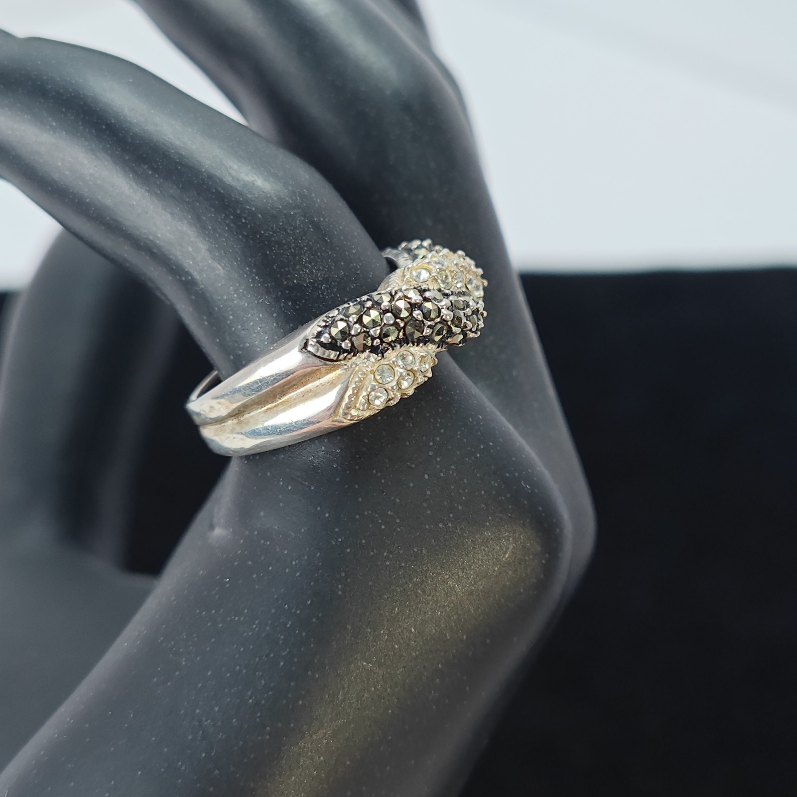 Sterling Silver Ladies Ring Marcasite & Clear CZ Pave Braided 2-tone Sz 7.5