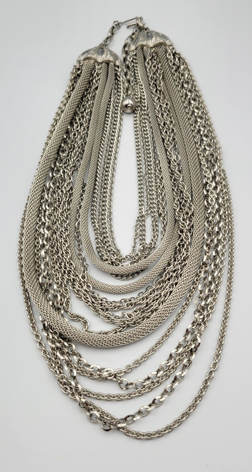 Vintage Multi Strand Chain Necklace Bracelet Jewelry Set Layered Silver Tone