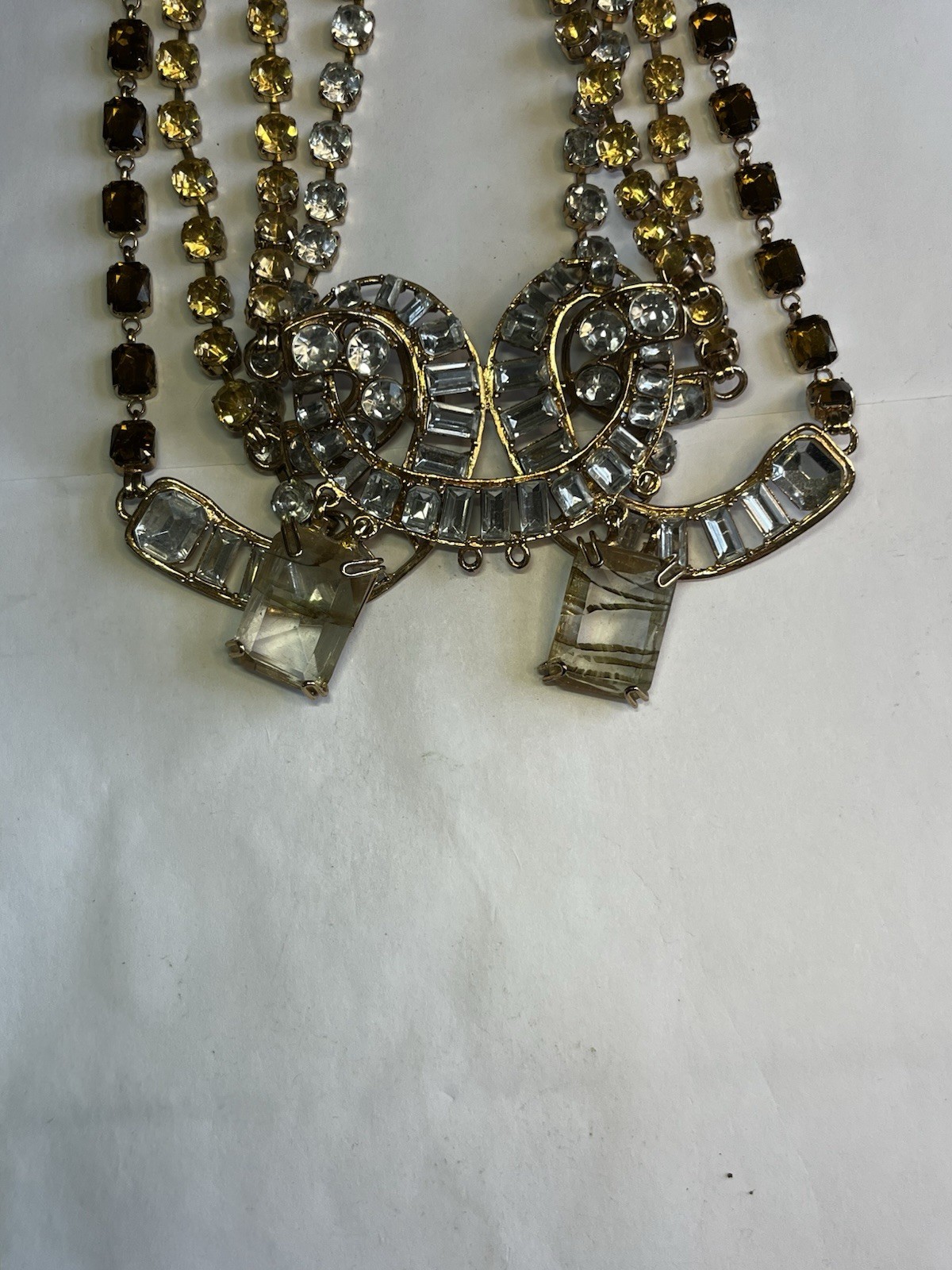 Spectacular Statement Gold Tone Bib Necklace 4 Strand Amber Smokey Clear!!!