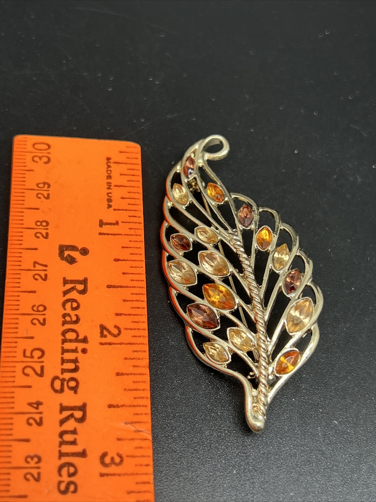 Brown Yellow Rhinestone Leaf Gold Tone 2 3/4” Brooch Pin 4573