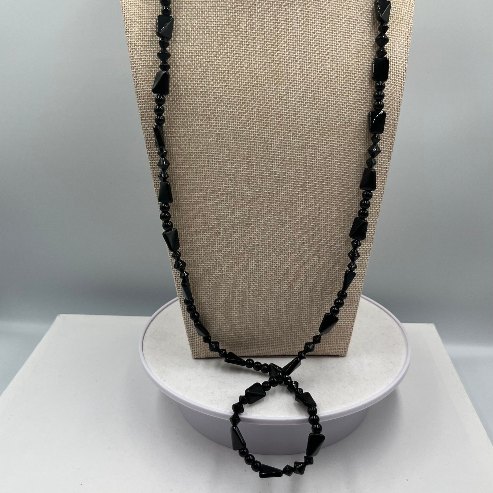 Vintage Double Strand Jet Black Beaded Statement Necklace Mixed Shapes Art Deco