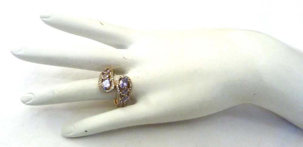 BBJ GOLD OVER STERLING SILVER AMETHYST WHITE ZIRCON GEMSTONE RING SIZE 8.5