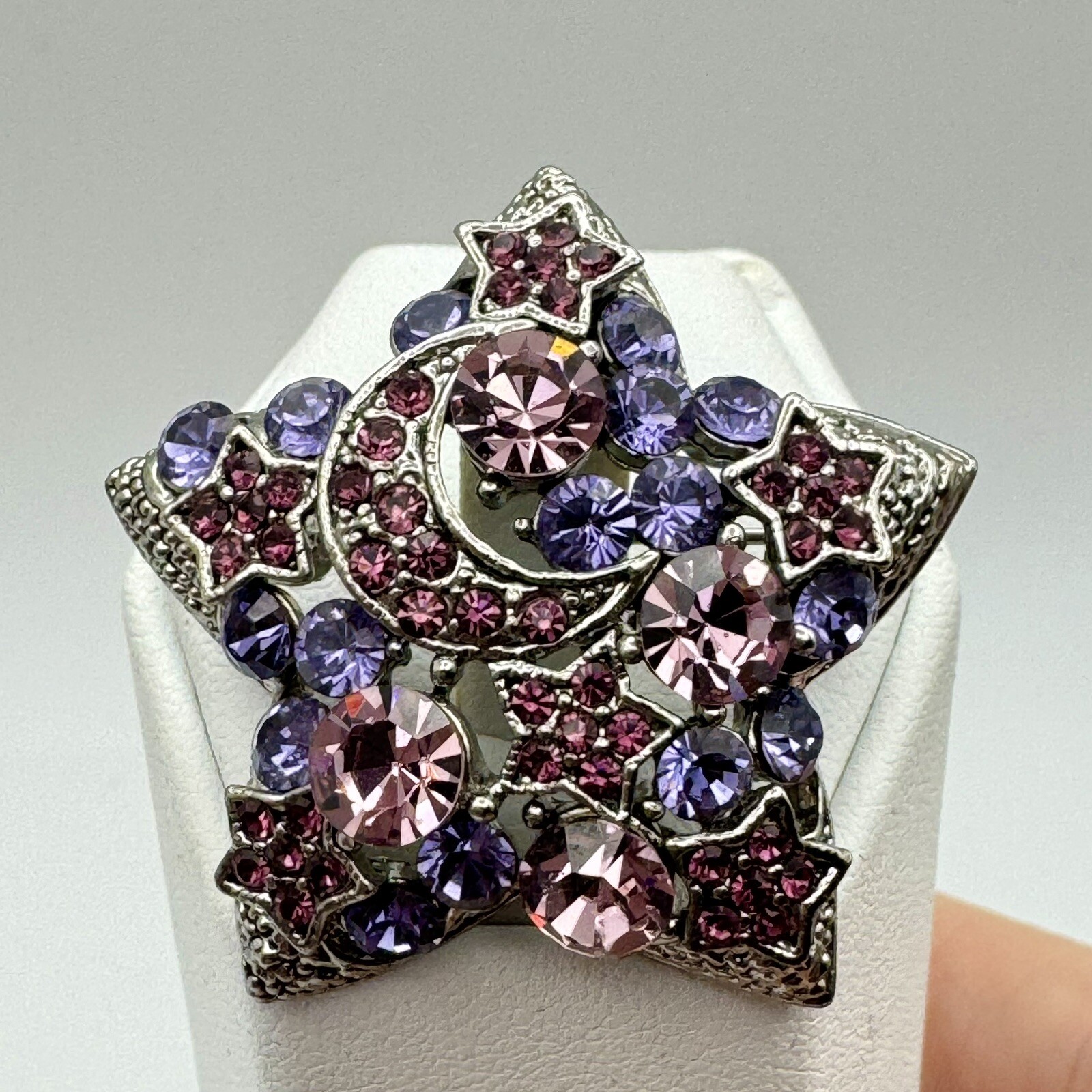Stars Crescent Moon Purple Rhinestone Silvertone Brooch Pin