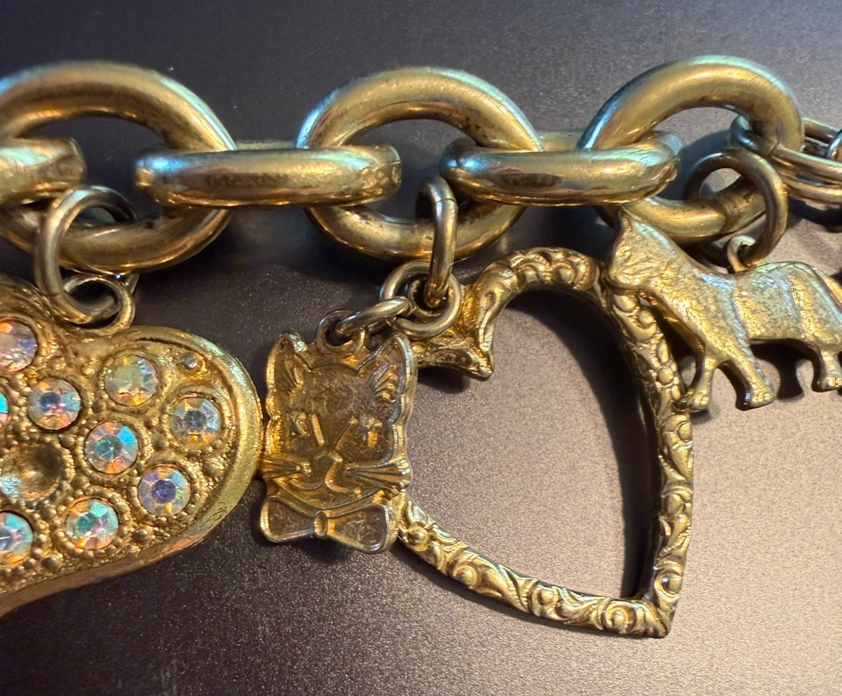 Vintage 1990s Kirks Folly Cat Charm Bracelet Gold Tone Rhinestones 12 Charms