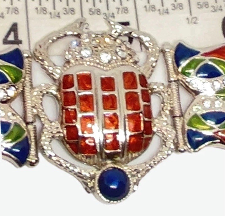 Vintage Signed EDGAR BEREBI Cleopatra Scarab Enamel & Crystal Link Bracelet 7.5”