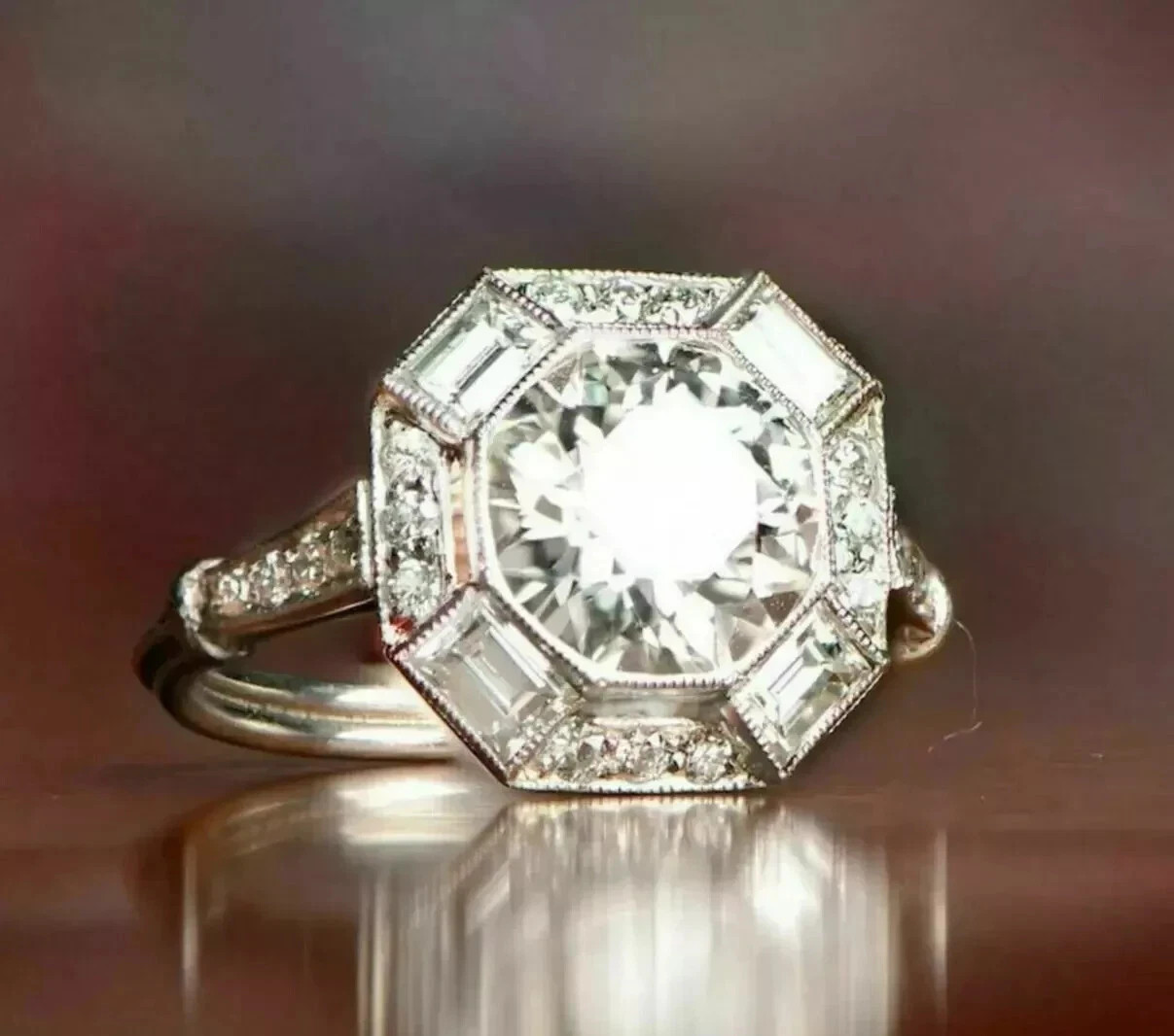 Vintage Art Deco 2.4CT Lab Created Diamond Ring Octagon Baguette Halo 925 Silver