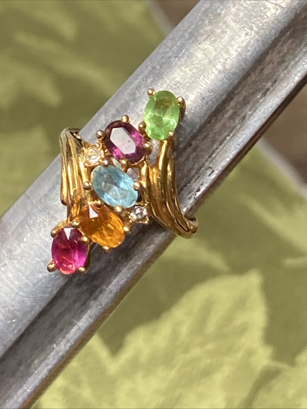 Vintage Mothers ring Sample Brass Gold Plated Multicolor Gemstone Band Size 7.75