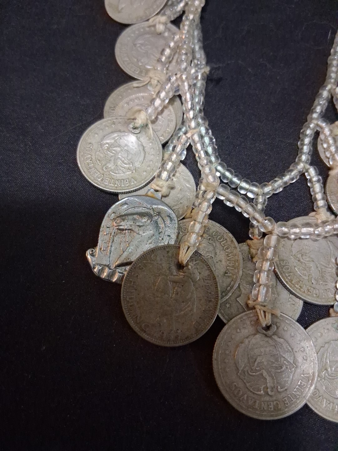 Coins From Around The World Necklace 1930s-60s Clear Beads String Custom Made