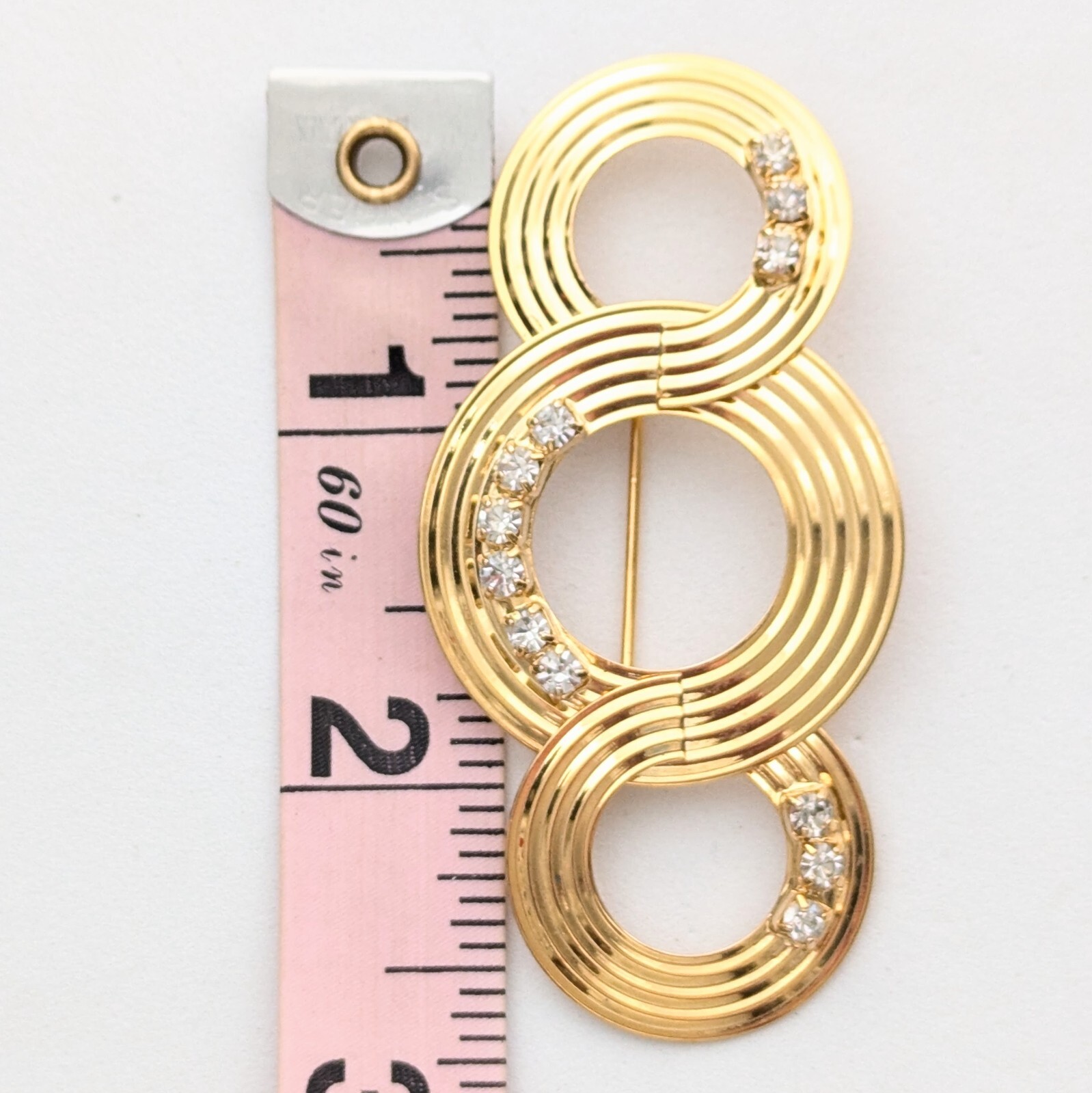 Art Deco Style Interlocking Circle Brooch Pin Rhinestone Vintage Jewelry 2.5″