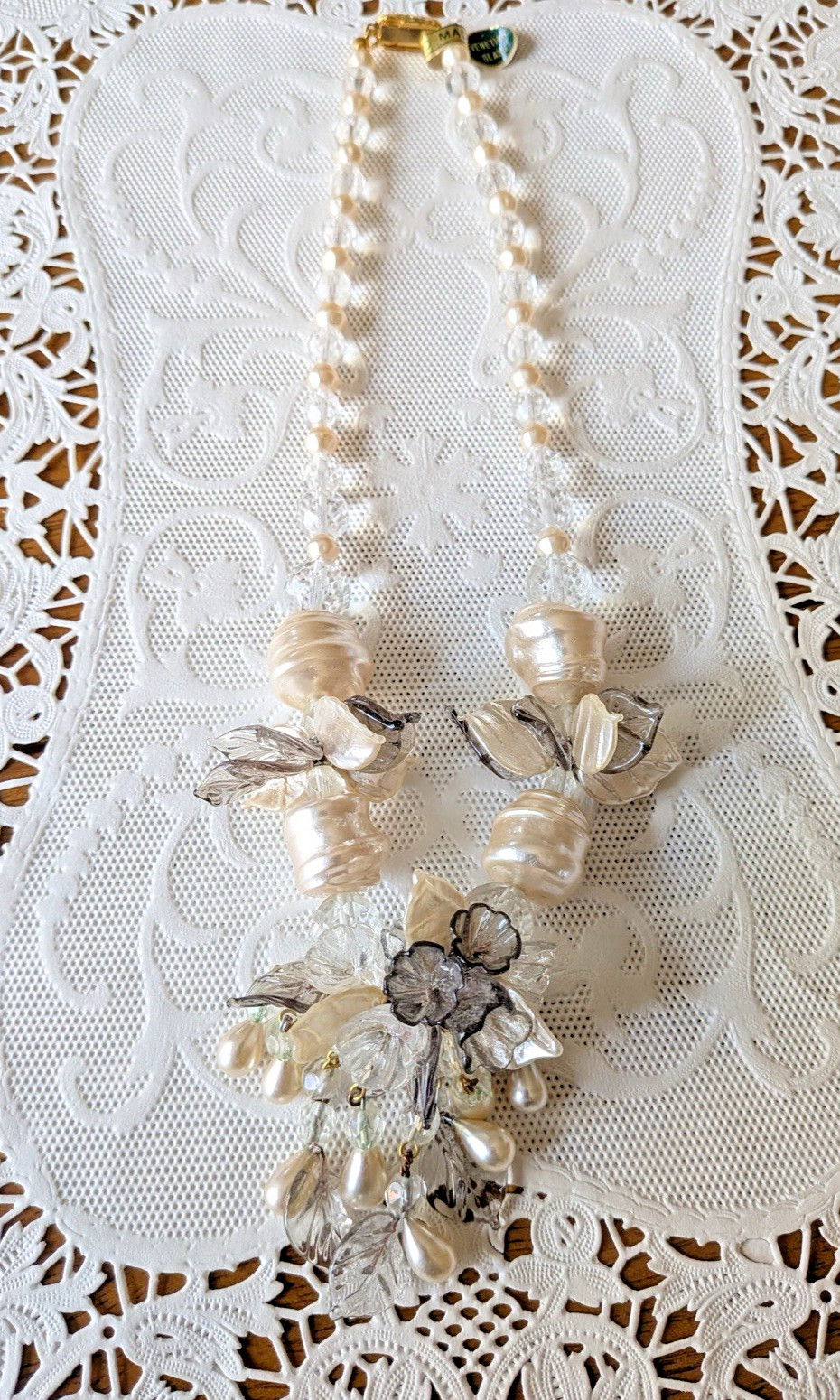 Vintage Venetian Clear, Gray, & Faux Pearl Flower Bead Art Glass Necklace 17″