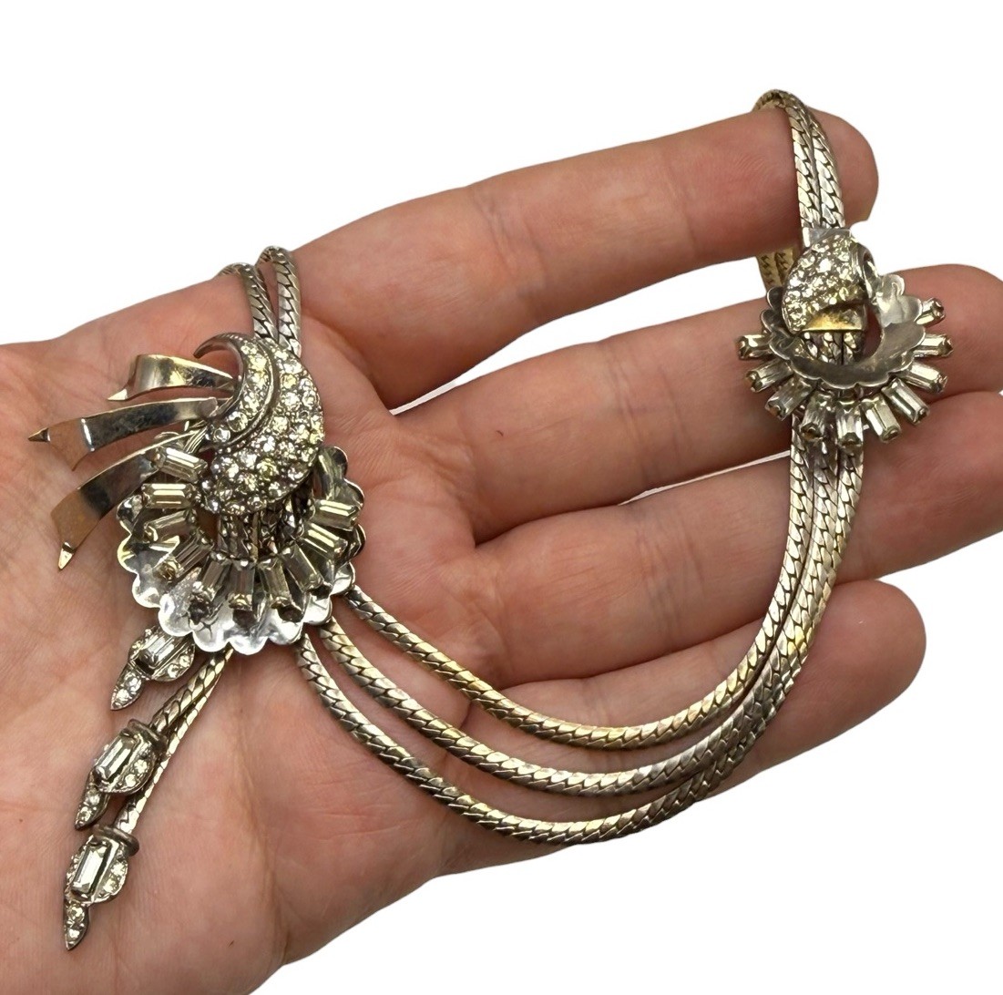 Vintage 40s Charles Reis USA 12K Gold Filled Necklace Collar Tassels Rhinestones