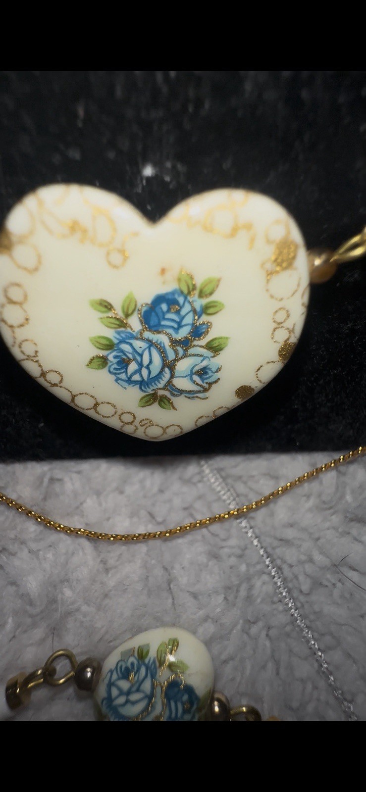 Vintage Japanese Tensha Blue Rose Porcelain Heart Necklace With Match Bracelet
