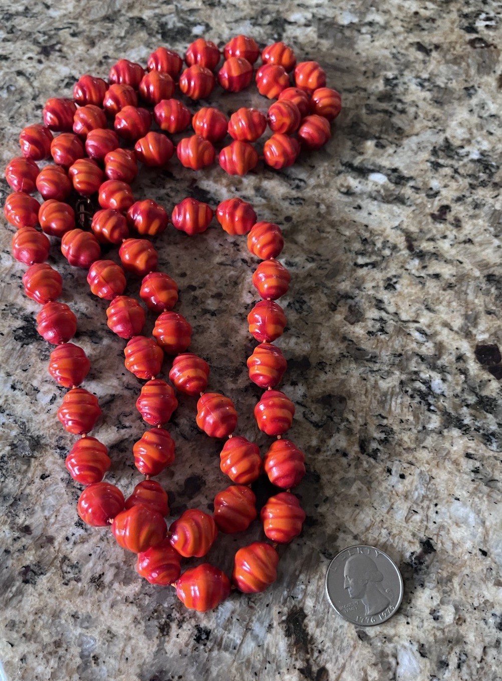 Vintage Orange Coral Red Resin Textured Beaded Extra Long 48” Knotted Necklace