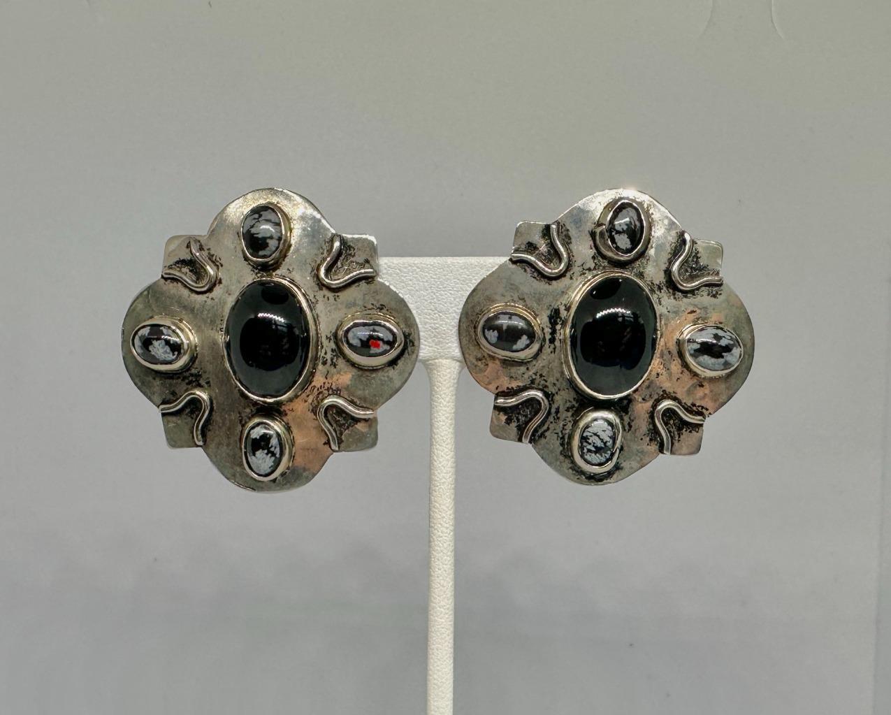 Vikki Carr Estate Native American Onyx Agate Silver Earrings Certificate Authent